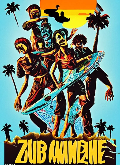 Image similar to a poster of a group of zombies on a surfboard, poster art by john carpenter, featured on deviantart, toyism, movie poster, concert poster, poster art