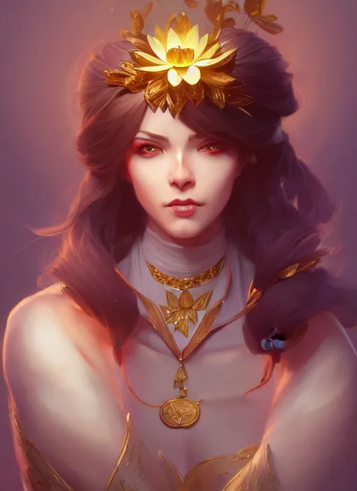 Image similar to female magician, wide angle view, lotus, flowers, gold, diamonds, highly detailed, artgerm, cushart krenz, artstation, soft light, sharp focus, illustration, character design, concept art