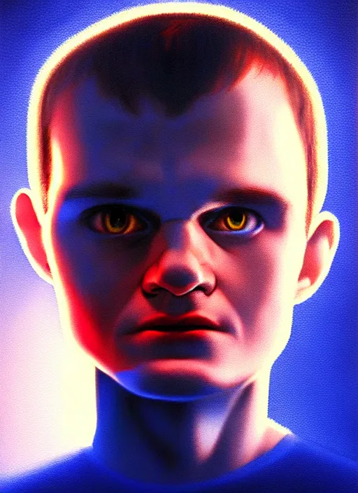 Image similar to vitalik buterin in the style of gottfried helnwein, chiaroscuro intricate composition, blue light by caravaggio, insanely quality, highly detailed, masterpiece, red light, artstation