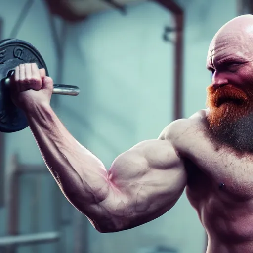 Prompt: Bald man with long red beard lifting weights not muscular realistic 4k octane beautifully detailed render, 4k post-processing, highly detailed, intricate complexity, epic composition, magical atmosphere, cinematic lighting, masterpiece, ultra hd