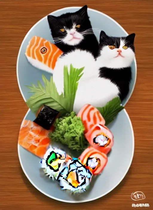 Image similar to clear photorealistic picture of adorable cats made out of sushi