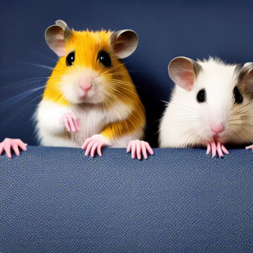 Image similar to photo of two hamsters, holding paws, on a cinema seat, various poses, unedited, dim light, sharp focus, 8 k