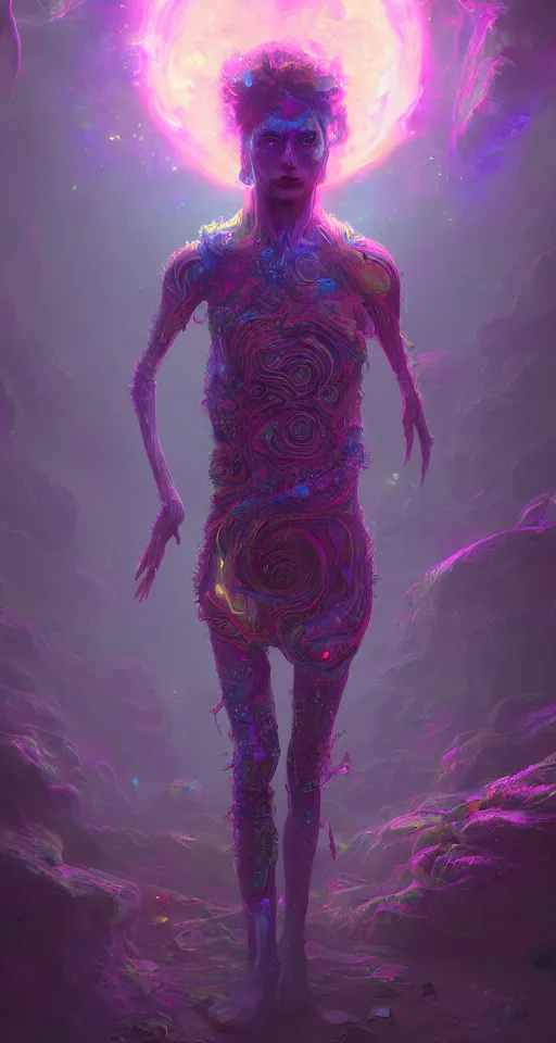 Prompt: a psychedelic being living in an extradimensional reality, in the style of wlop, illustration, epic, fantasy, hyper detailed, smooth, unreal engine, sharp focus, ray tracing, physically based rendering, renderman, beautiful