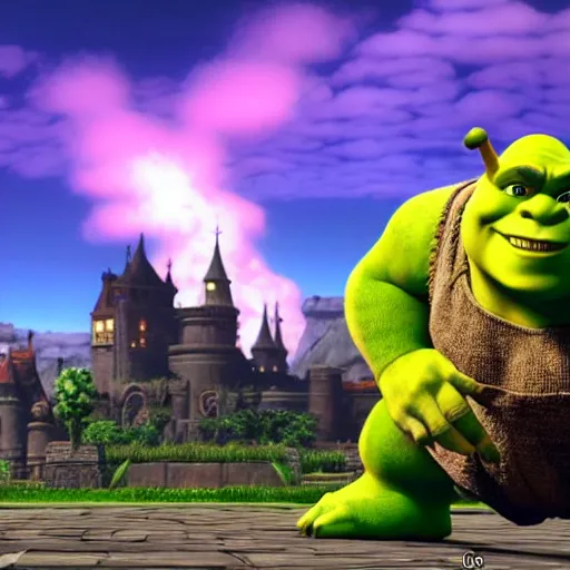 Image similar to shrek in super smash bros ultimate, highly detailed, extremely high quality, hd, 4 k, 8 k, professional photographer, 4 0 mp, lifelike, top - rated, award winning, realistic, detailed lighting, detailed shadows, sharp, no blur, edited, corrected, trending