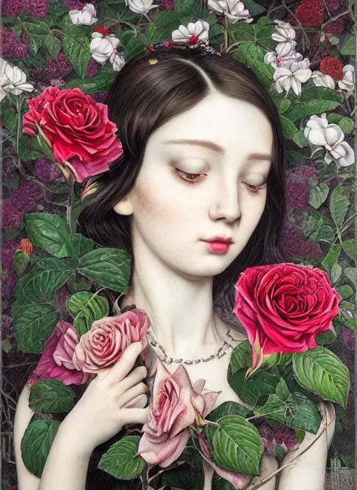 Image similar to white girl, cat eye, botanical, rose, portrait face, colorful, kupka, intricate, miles johnston, kuroda seiki, ozabu, godward, painterly, yoshitaka amano, moebius, miles johnston, louise zhang, james jean, mark ryden lowbrow pop surrealism art style