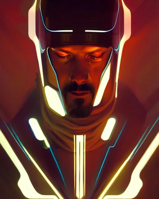 Image similar to tron legacy jesus, concept art, intricate, hyper detailed, smooth, sharp focus, illustration. artstation, greg rutkowski, james gurney, alphonse mucha