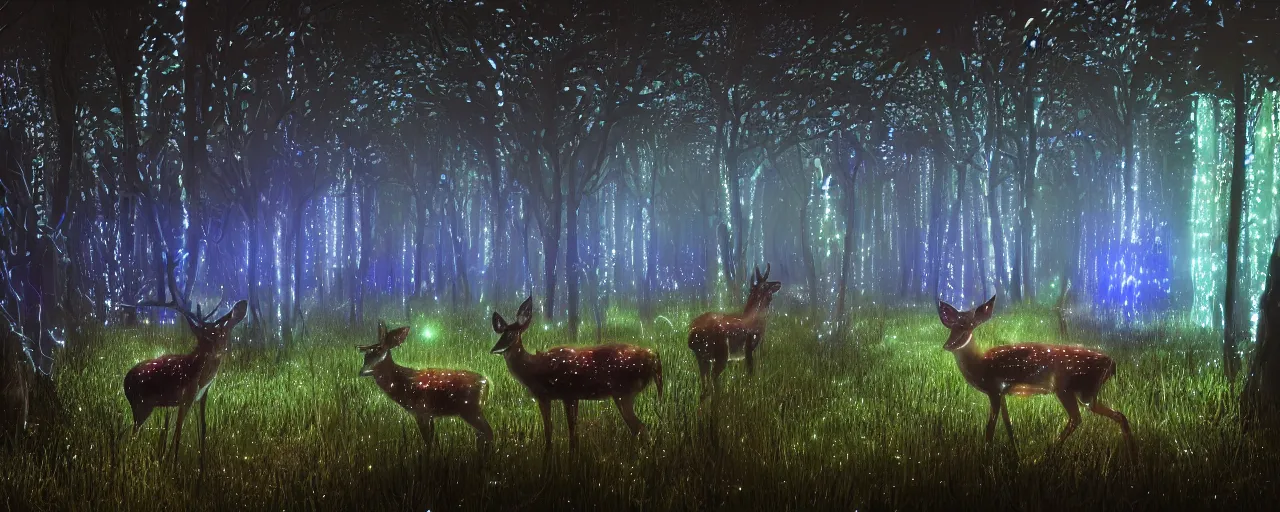 Image similar to deer in an ethereal electronic forest made from glowing circuits and electronics, highly detailed concept art, 3 d, dark, moody, led