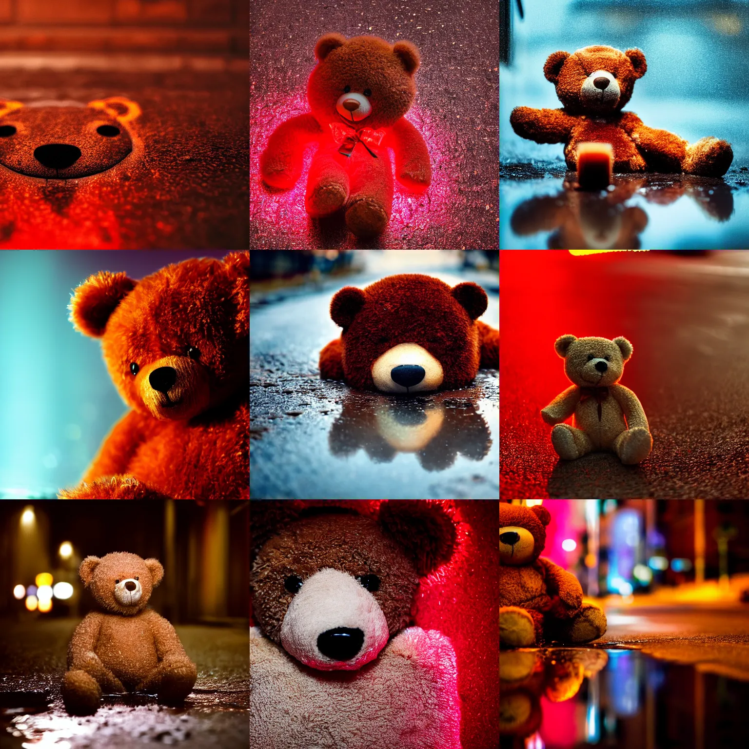 Prompt: ultra close up photo of a sad teddy bear lying in a puddle in a red lit back street, cinematic, depth of field, bokeh, atmospheric, 8k, trending on artstation
