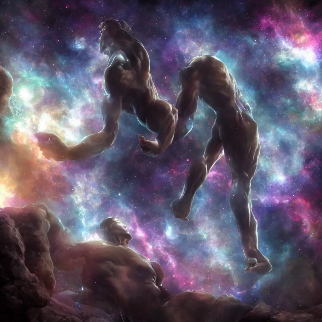 Image similar to cosmic mega giga chad, nebula in background,, details face, detailed body, unreal engine, by popular digital artist, digital, artstation, detailed body muscle, many muscle, heavenly atmosphere, digital art, overdetailed art, trending on artstation, cgstudio, the most beautiful image ever created, dramatic, award winning artwork, beautiful scenery