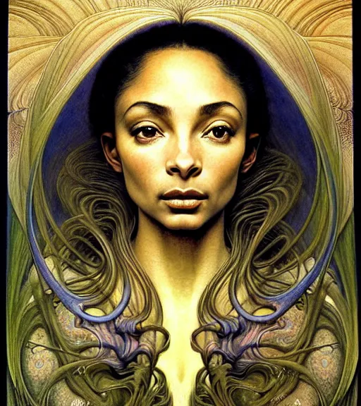 Image similar to detailed realistic beautiful young sade adu face portrait by jean delville, gustave dore and marco mazzoni, art nouveau, symbolist, visionary, ornate, baroque, intricate fractal, maximalism. horizontal symmetry by zdzisław beksinski, iris van herpen, raymond swanland and alphonse mucha. highly detailed, hyper - real, beautiful