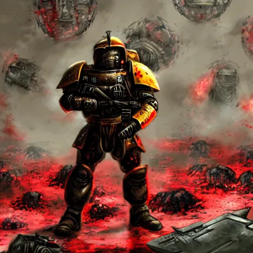 Image similar to heavy armor soldier wearing space marine like armor but in real life, walking in a river of blood full of human bloody dead bodies and human parts, shooting with his gun, explosions in background, painting style