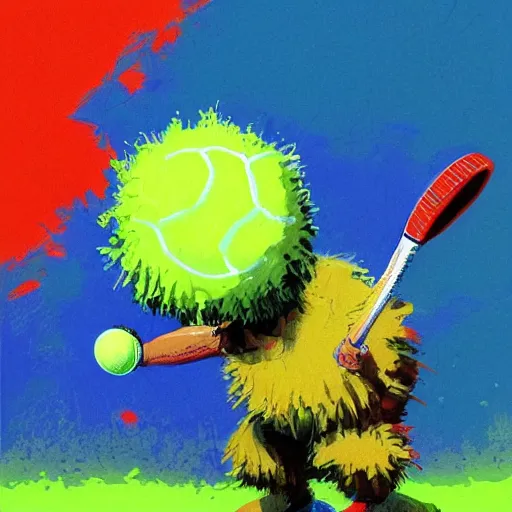 Image similar to a tennis ball monster ,tennis ball, tennis court, colorful, digital art, fantasy, magic, trending on artstation, ultra detailed, professional illustration by Basil Gogos