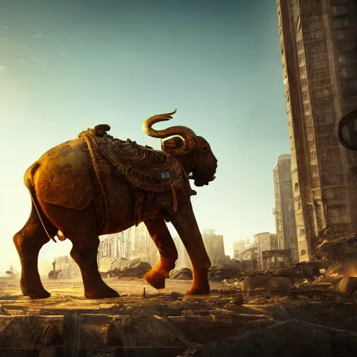 Image similar to golden mammoth in a ruined city, artstation, cgsociety, cgi, digital arts, realistic, awards winning, dramatic, cinematic, artistic, famous, detailed