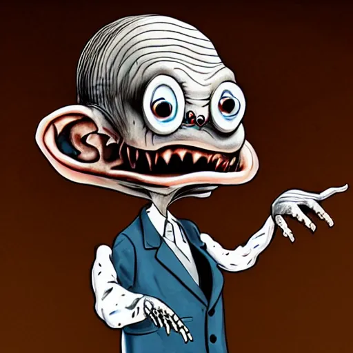 Image similar to mr bean as a monstrous alien, body horror, claws, teeth, bones