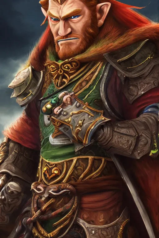 Image similar to Ganondorf from Zelda oil on canvas, intricate, portrait, 8k highly professionally detailed, HDR, CGsociety