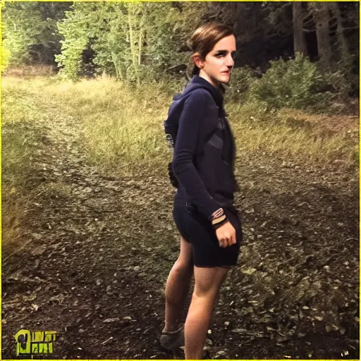 Prompt: night time trail cam emma watson found in the wild