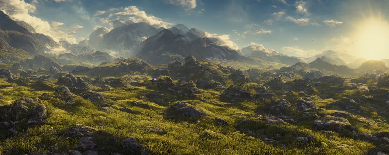 Prompt: sun path in the sky, a magical lush highland landscape in the background with mountains far away, hypermaximalistic, high details, cinematic, 8k resolution, beautiful detailed, insanely intricate details, artstation trending, octane render, unreal engine