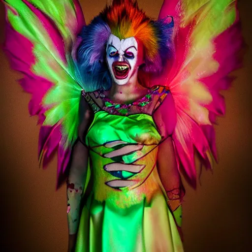 Image similar to psycho clown fairy, bleeding wings colors, cinematic lighting, various refining methods, micro macro autofocus, ultra definition, award winning photo