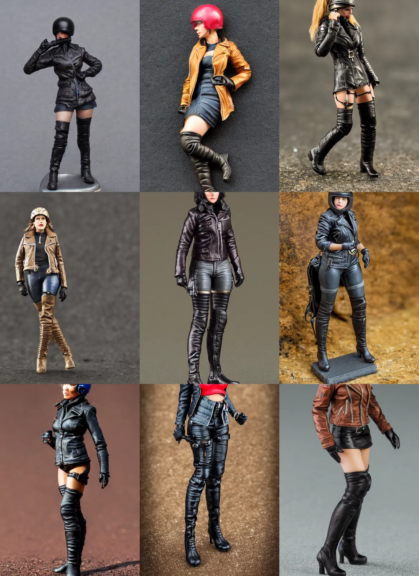 Prompt: 80mm resin detailed miniature of a biker woman, Short jacket, helmet, over-knee boots, navel, thigh skin, on textured base; Miniature product Photos, 4K, Full body;