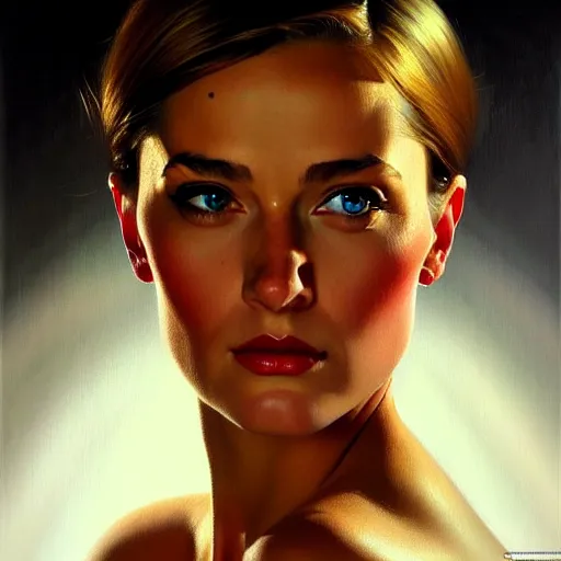 Image similar to close up face of a extremely beautiful bond female vam pire portrait, Masterpiece, oil on canvas, artgerm, norman rockwell, craig mulins, trending on pxiv,