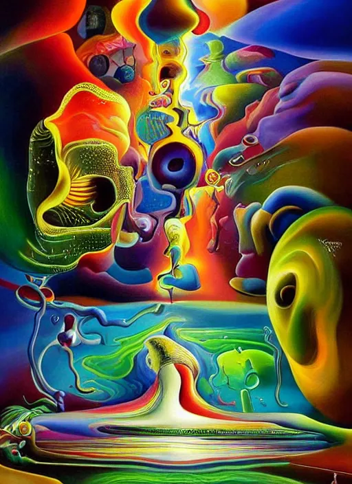 Image similar to an extremely high quality hd surrealism painting of a 3d slow-shutter galactic neon complimentary colored cartoon surrealism melting wormhole by kandsky and salviadoor dali the seventh, salvador dali's much much much much more talented painter cousin, 4k, ultra realistic, super realistic, so realistic that it changes your life