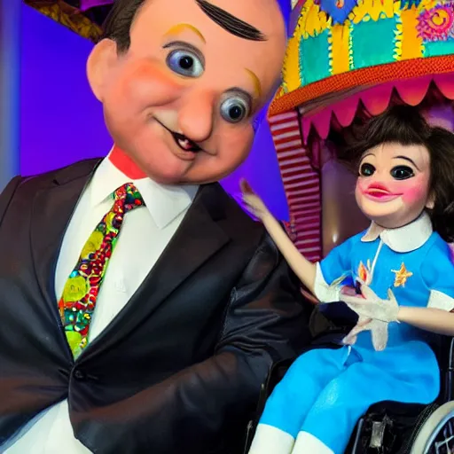 Image similar to a six year old child puppet in a wheelchair in the its a small world ride in real life that looks exactly like greg abbott the governor of texas, highly detailed, high definition, ultra realistic