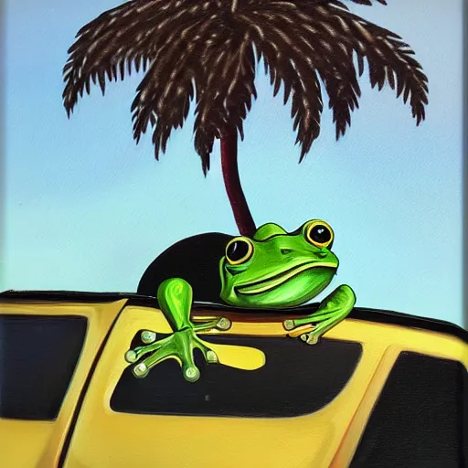 Image similar to photo of a frog in a tuxedo driving car, oil painting, portrait, palm trees