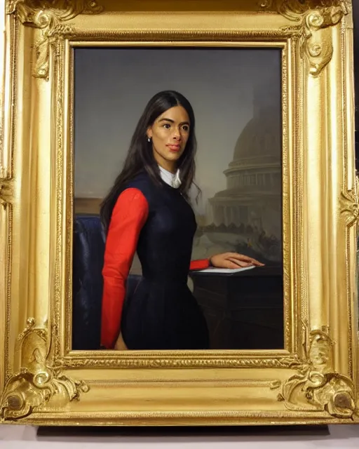 Prompt: close - up portrait of the united states president, alexandria ocasio - cortez, standing at the resolute desk, 1 8 4 8, attractive, oil on canvas by william sidney mount, trending on artstation, national archives