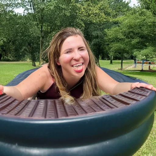 Image similar to adult sliding down chocolate pudding slide legs first, professional photo taken at the park