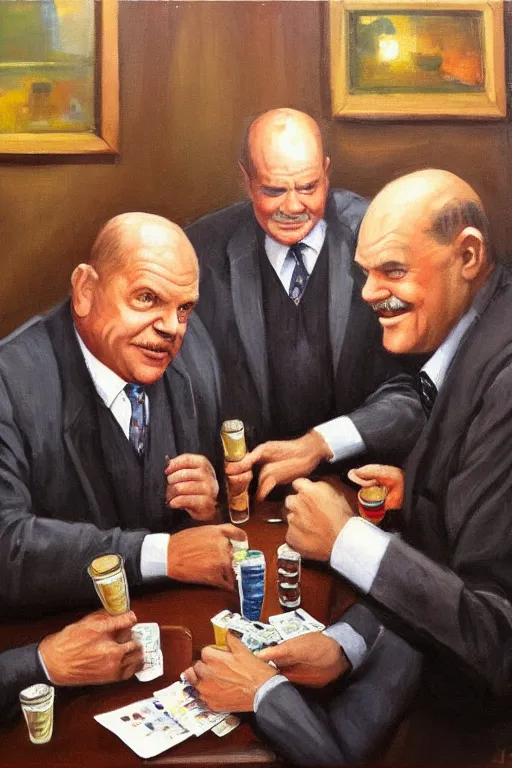 Image similar to don rickles and norm macdonald are playing poker in a smoky old pub, oil painting by wilson mclean, sharp focus, masterpiece, highly detailed