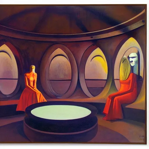 Image similar to three brutalist robotic seers watchers oracles soothsayers inside a dome, pj crook, grant wood, edward hopper, syd mead, chiaroscuro, oil on canvas