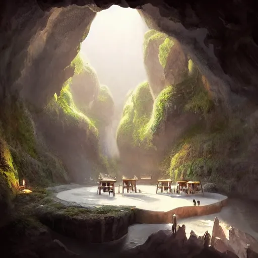 Image similar to cozy, empty bathhouse hidden in a cave, intimate candlelight, towels, cushions, natural light, lush plants and flowers, (((((((no people))))))))), elegant, smooth cave rock, fantasy, atmospheric lighting, digital painting, Greg Rutkowski concept art
