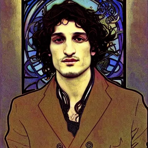 Image similar to louis garrel portrait by louis - theophile hingre and alphonse mucha, realistic, sharp focus, zodiac signs, tarot cards, planets, ethereal, art nouveau, magic, moon, sun, crown, dreamy, royal, jewellery