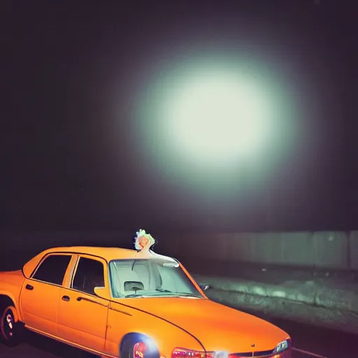 Prompt: medium format photograph with camera flash of a surreal fashion shoot on the hood of a car at night