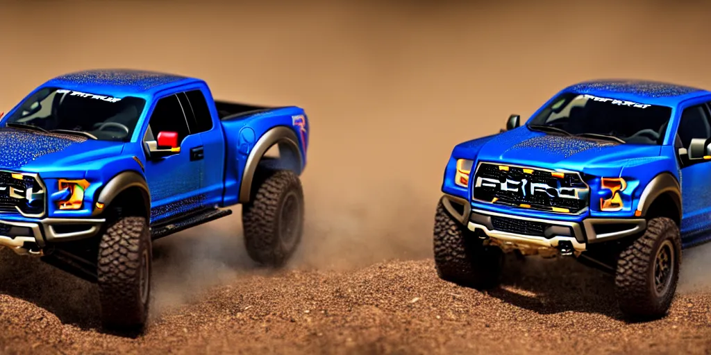 Prompt: Hot Wheels, Ford F-150 Raptor, cinematic, Maxxis, 8k, depth of field, bokeh.