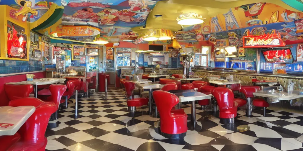 Prompt: a retro diner at the crossroads of the multiverse, celestially enchanted