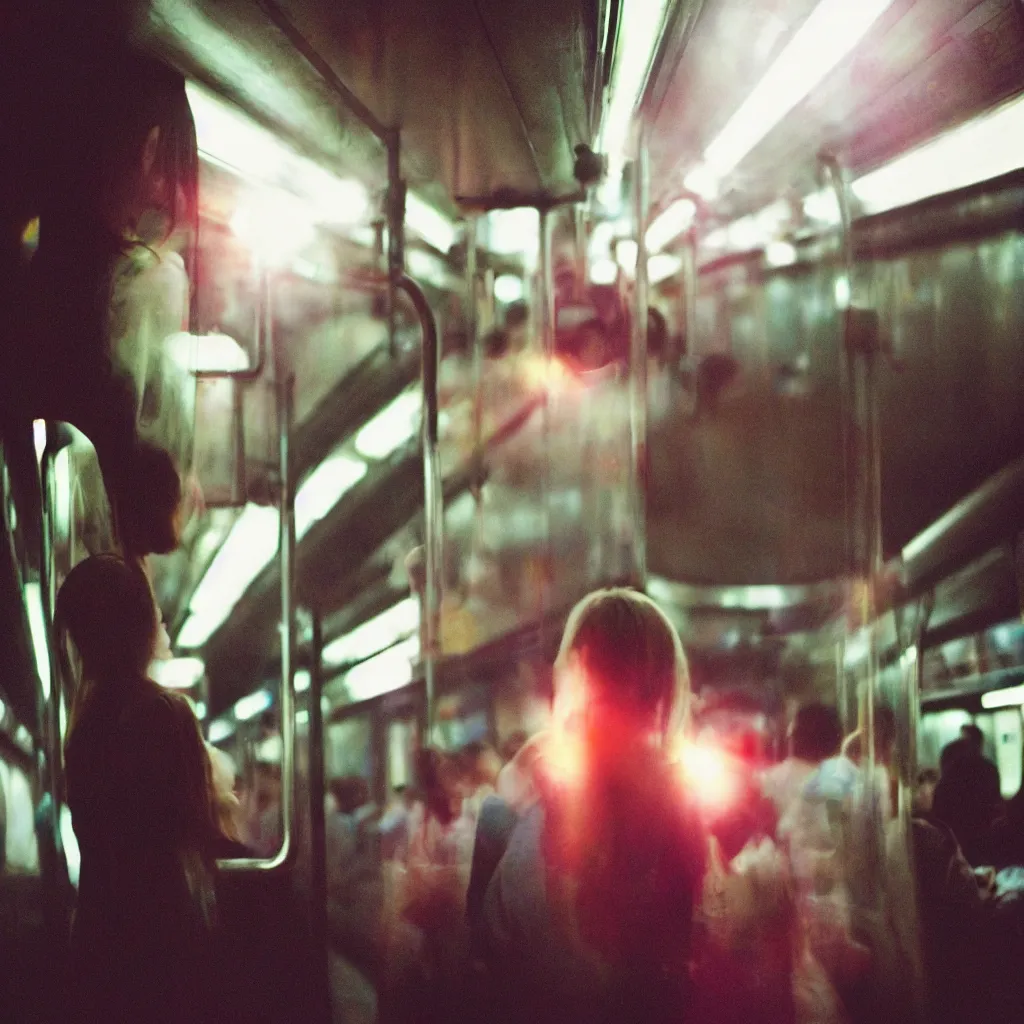 Image similar to A photography of a woman from behind standing inside a subway train. The train is full. Neo Tokyo style. Cinematic frame. Cinestill 800T film. Lens flare. Contrast. Film grain. Swirly bokeh.