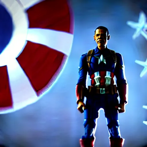 Image similar to barack obama as captain america in the avengers. movie still. cinematic lighting.