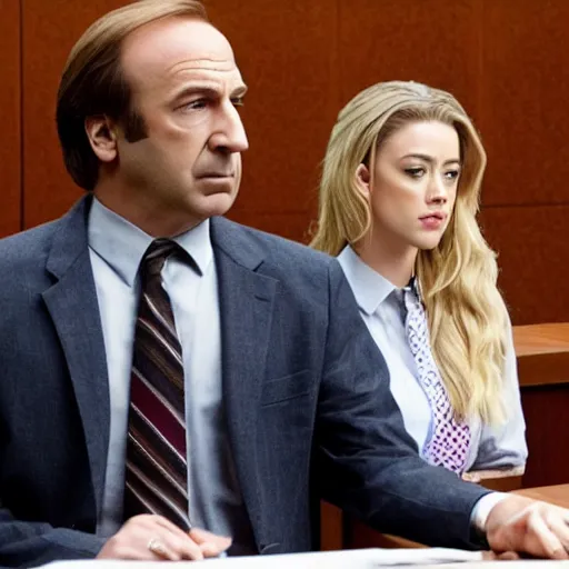 Prompt: Saul Goodman in a courtroom with Amber Heard