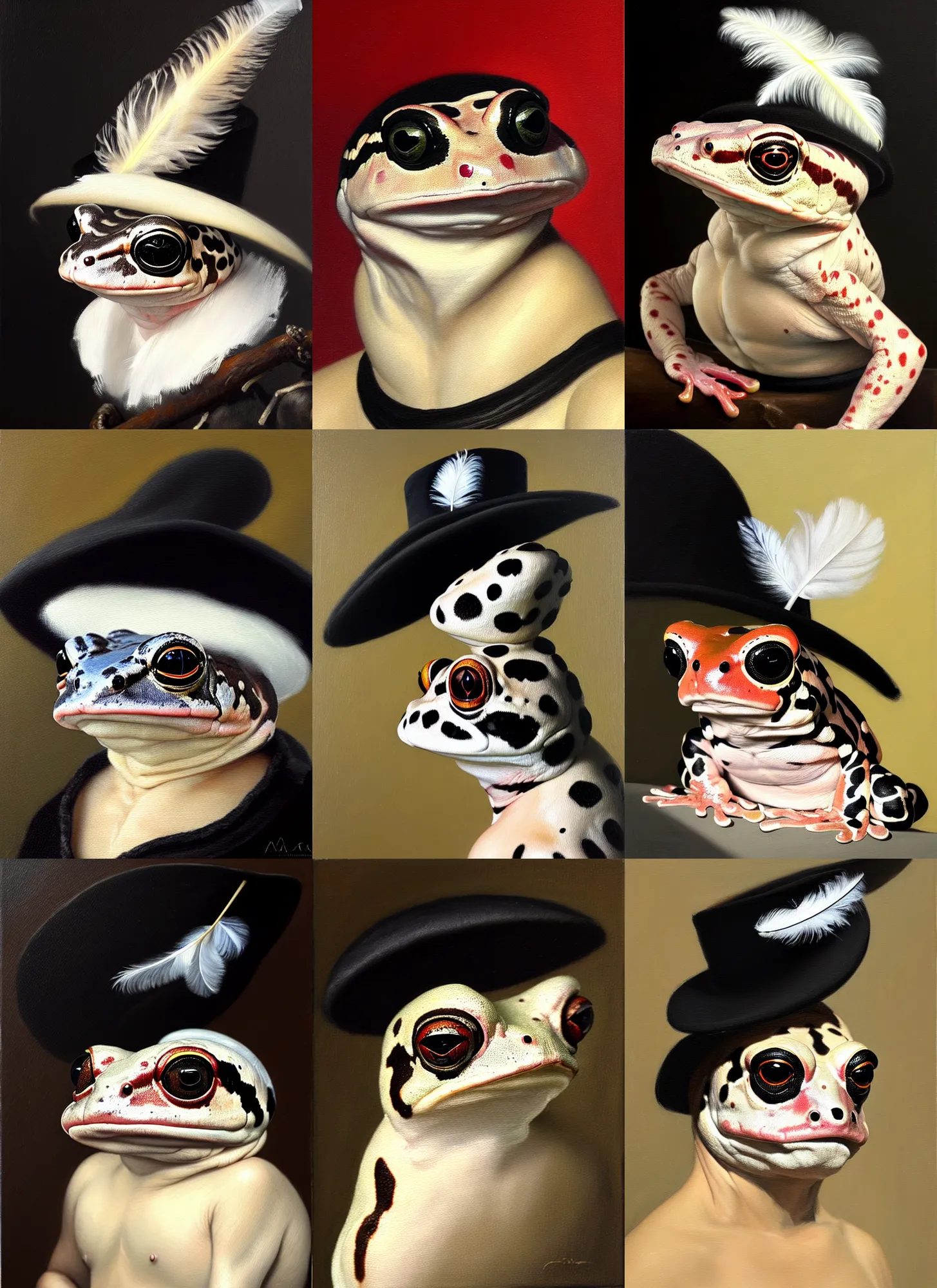 Prompt: a portrait painting of an amazon milk frog wearing a black tricorn hat with a white feather, artstation, classical realism, detailed painting, oil on canvas