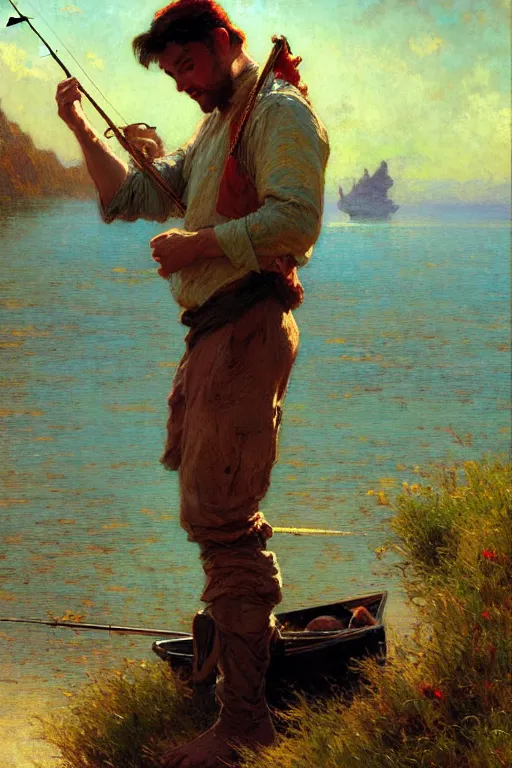 Image similar to attractive man, fishing, cool colors, painting by gaston bussiere, craig mullins, greg rutkowski, alphonse mucha