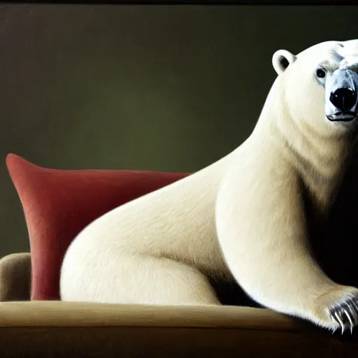 Image similar to polar bear sitting on a couch in the living room by george stubbs, artstation, oil on canvas