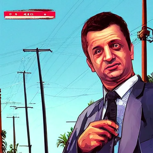 Prompt: “Volodymyr Zelensky in GTA V, cover art by Stephen Bliss, Boxart, loadscreen”