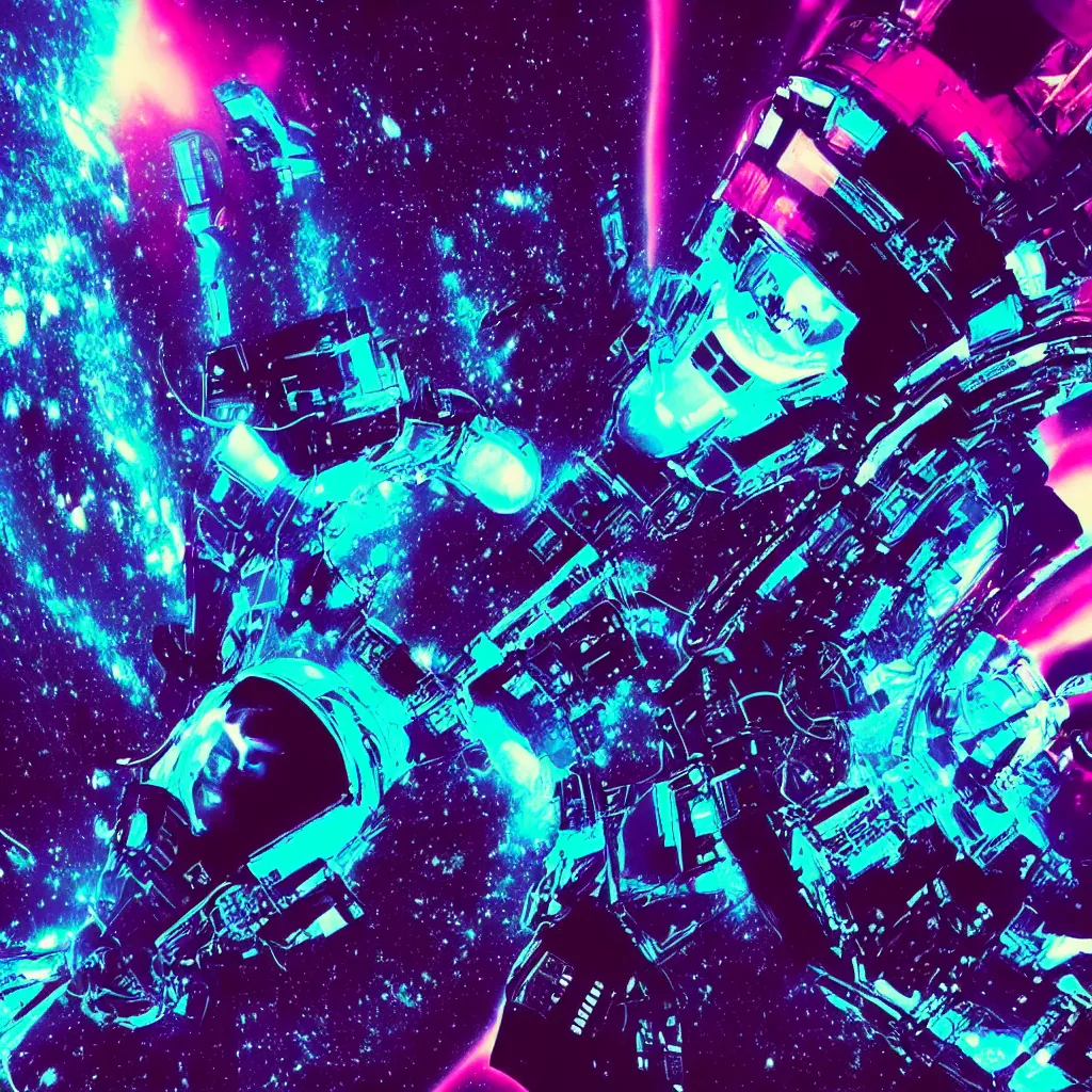 Prompt: astronaut sucked into blackhole synthwave, glitchy, reflective, holographic, neon