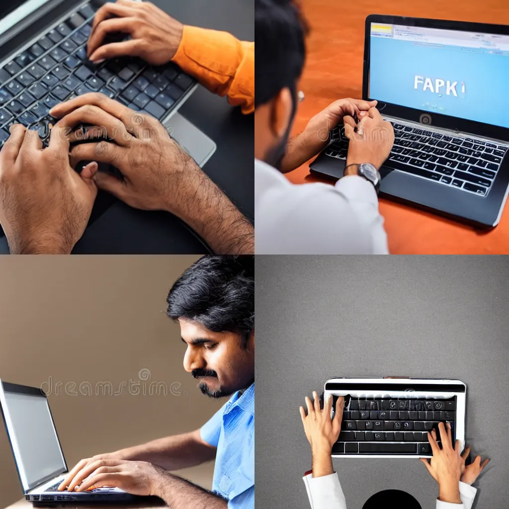 Prompt: a genius indian man creating prompts, typing on a keyboard, stock photography, 4k/8k