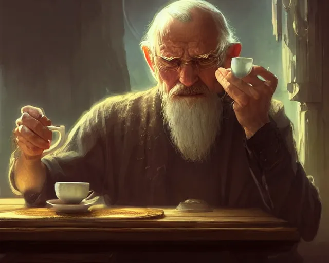 Prompt: a tired old man drinking tea, deep focus, d & d, fantasy, intricate, elegant, highly detailed, digital painting, artstation, concept art, matte, sharp focus, illustration, hearthstone, art by artgerm and greg rutkowski and alphonse mucha