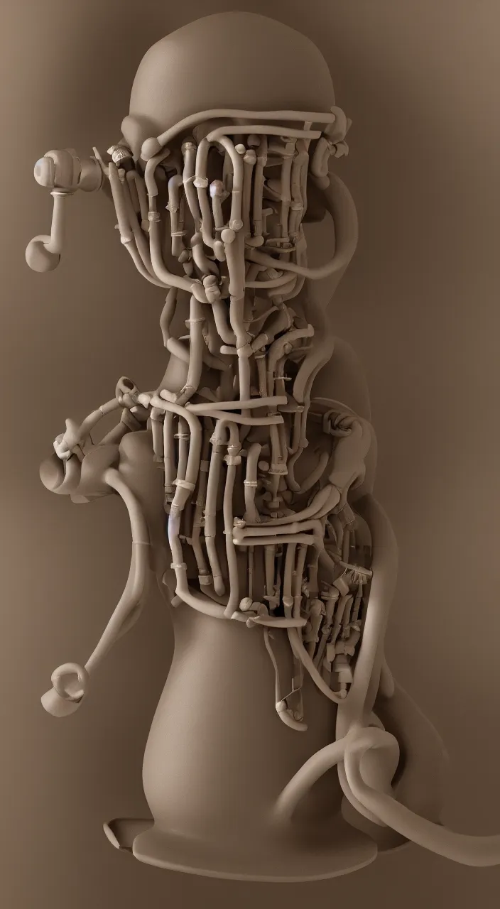 Prompt: a ceramic conn organ , dynamic lighting, amphora, larynx, oesophagus, vocal tract model, pipes, octane, 8k