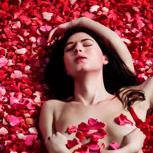 Image similar to woman laying in a pool of rose petals, movie poster, realistic, soft lighting, professional, full body, view from top