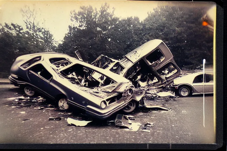 Image similar to old polaroid of a retro futurist car crash, people on the road