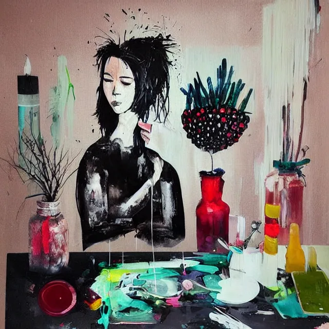 Image similar to “ a portrait in a female art student ’ s apartment, sensual, art supplies, paint tubes, palette knife, pigs, ikebana, herbs, a candle dripping white wax, black walls, squashed berries, berry juice drips, acrylic and spray paint and oilstick on canvas, surrealism, neoexpressionism ”